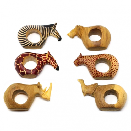 Set Of Six Mahogany Wood Animal Napkin Rings - Jedando Handicrafts