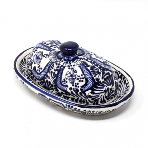 Handmade Pottery Butter Dish, Blue Flower- Encantada