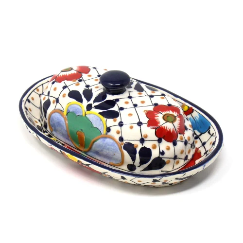 Handmade Pottery Butter Dish Dots & Flowers - Encantada