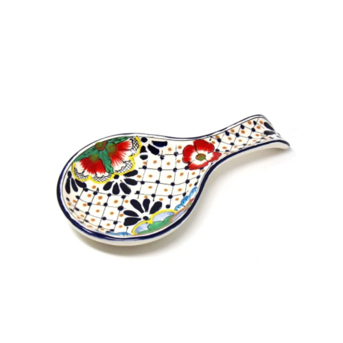 Handmade Pottery Spoon Rest, Dots & Flowers - Encantada