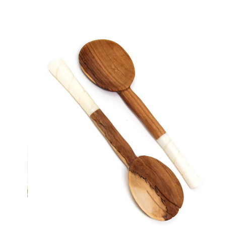 Olive Wood Salad Servers With Bone Handles, White With Etching Design