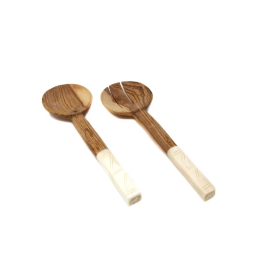 Olive Wood Salad Servers With Bone Handles White With Square Design