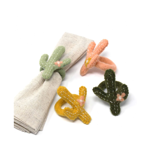 Hand-Felted Cactus Napkin Rings, Set Of Four Colors - Global Groove