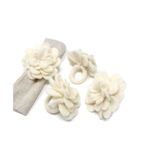 Set Of 4 Felt Napkin Rings, Cream Zinnias