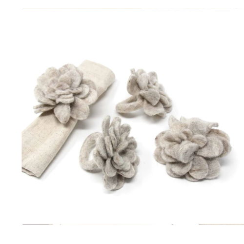 Set Of 4 Felt Napkin Rings, Taupe Zinnias