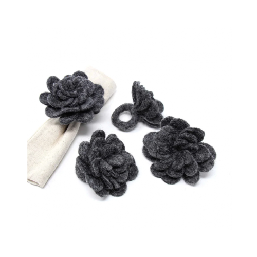 Set Of 4 Felt Napkins Rings, Charcoal Zinnias